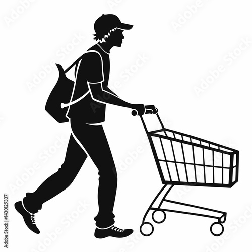 Silhouette Of Man Pushing Shopping Cart Consumer Lifestyle Retail Black And White