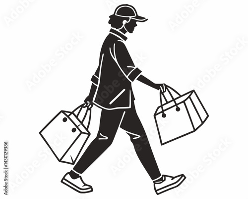 Outline Style Illustration Of Person Carrying Shopping Bags On White Background