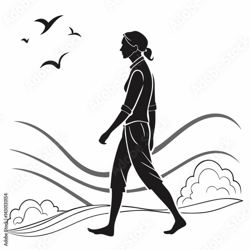Silhouette Of Woman Walking Barefoot On A Coastal Landscape With Birds Flying