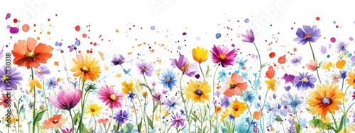 Watercolor painting of colorful wildflowers on white background.