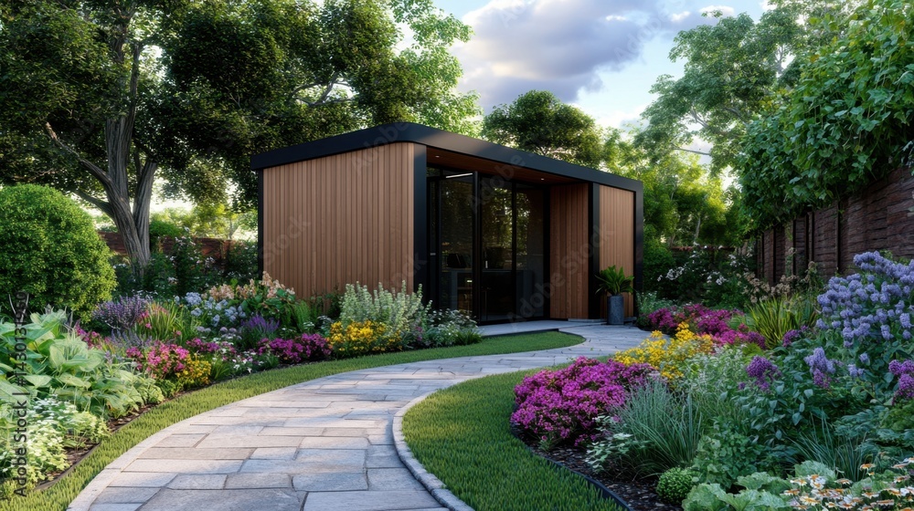 Naklejka premium Modern garden office framed by lush greenery, vibrant flower beds, and a curved stone path under sunny skies