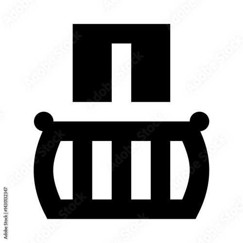 Illustration of a black ship with a rectangular sail and a curved hull on a white background simple design
