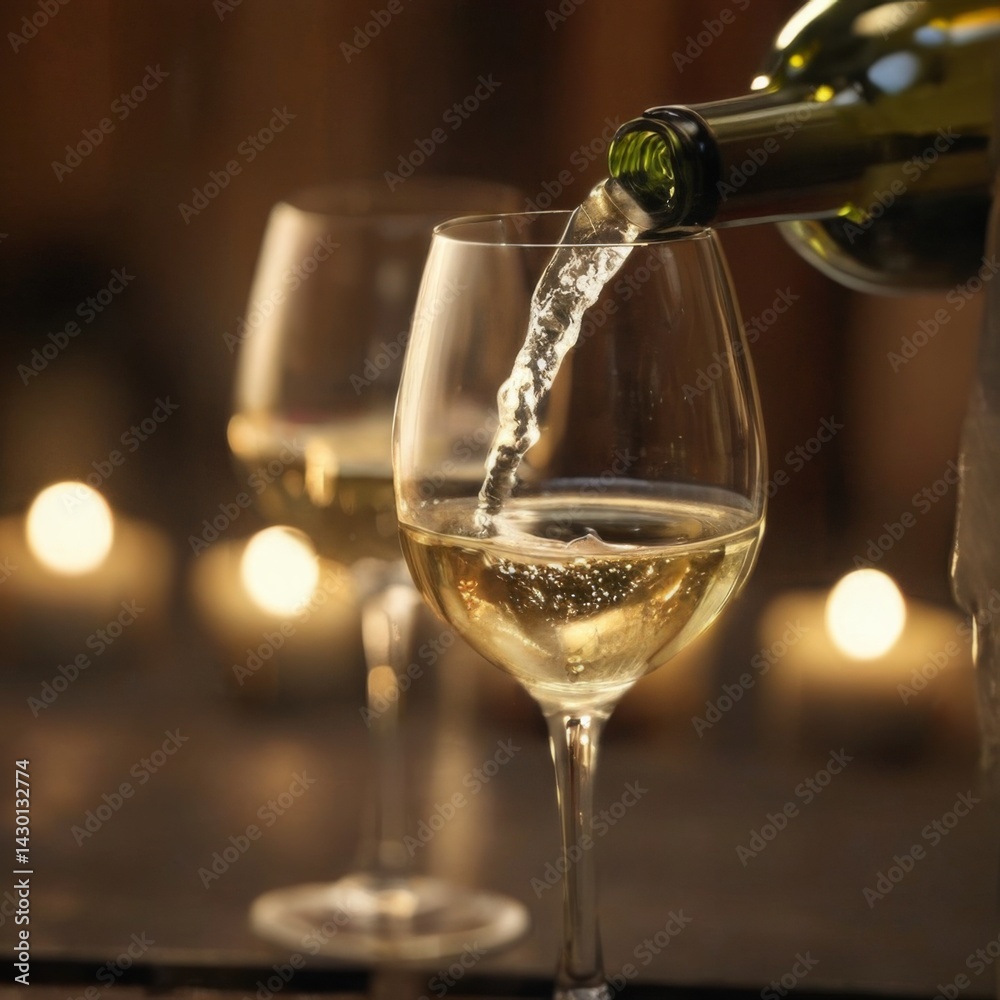 Fototapeta premium Pouring White Wine into Glass on Table in Dimly Lit Room with Candles, Low Angle View