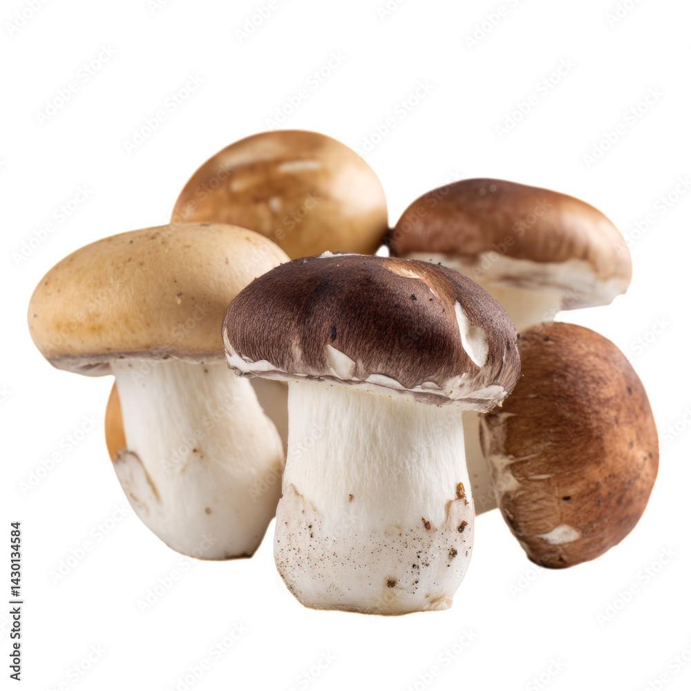 Fototapeta premium Fresh mushrooms arranged artistically, showcasing unique textures and colors. Ideal for culinary, health, or nature-themed projects. PNG illustration with transparent background.