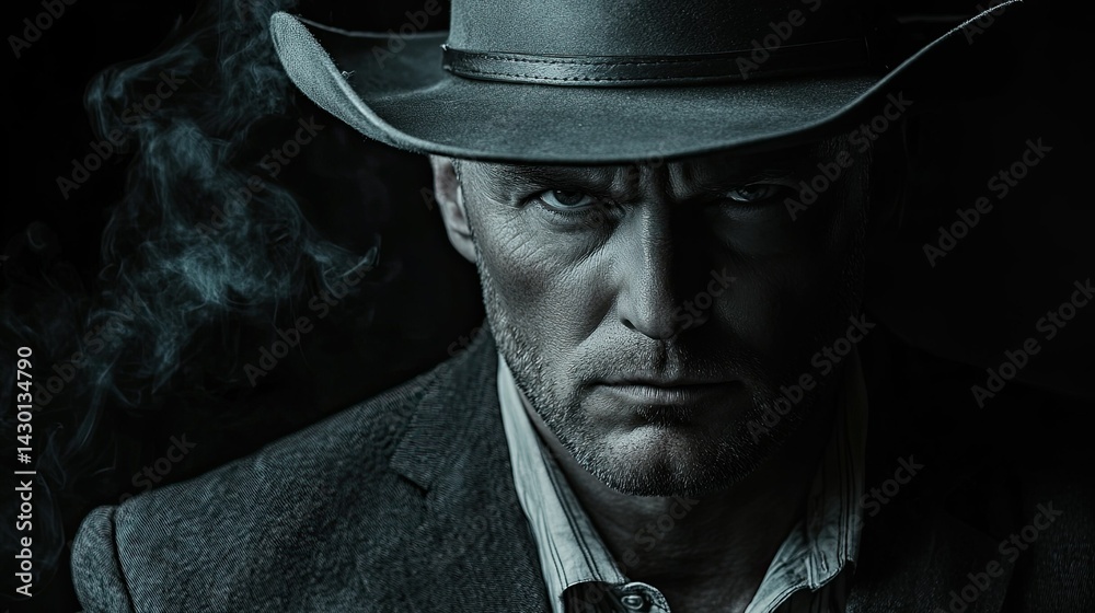 Mysterious man in a Stetson hat and suit holding a cigar, staring intensely with an enigmatic gaze Mysterious man in a Stetson hat and suit holding a cigar, staring intensely with an enigmatic gaze