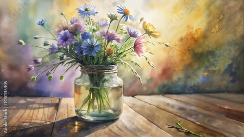 Wallpaper Mural Wildflowers in glass jar on wooden table Torontodigital.ca