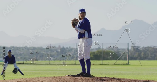 Pitcher throwing baseball on mound, fielder crouching in outfield, showing sports tech AR metrics