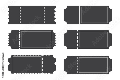 Cinema tickets. Theater coupon realistic vector templates. Discount voucher mockups. Train, movie, raffle, carnival blank ticket with text space. Concert, event, festival admit layouts