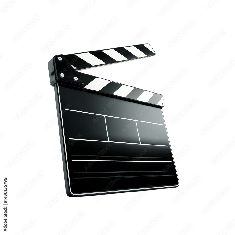 Fototapeta premium Stylish 3D clapperboard icon in PNG format with transparent background, perfect for film, video, and production themes, appealing to creatives and filmmakers seeking polished visuals.