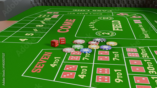 Dice and colored casino chips on craps table. 3D render	