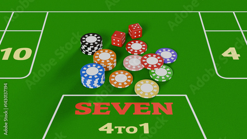 Dice and colored casino chips on the center of a craps table. 3D render	