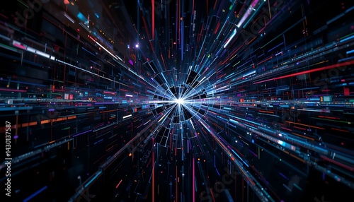 Abstract Data Stream Lines Converging to Center Point Digital Space