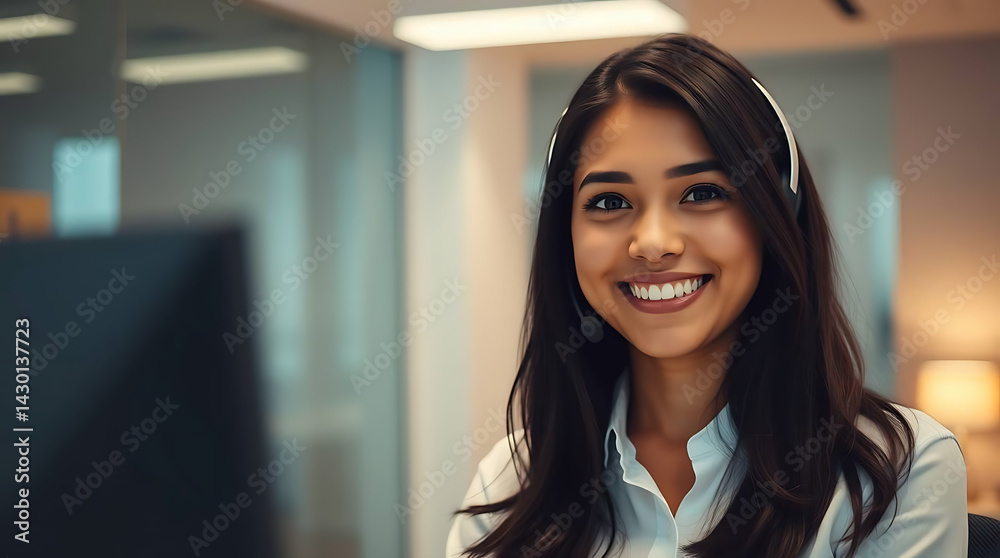 Fototapeta premium Young Female Call Center Agent Wearing Headset and Smiling – Customer Support Professional