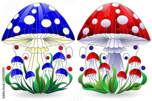 A set of stained glass illustrations with bright mushrooms , mushrooms isolated on a white background