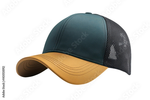 Stylish two tone teal and tan baseball cap perfect for summer with breathable mesh back panel displayed against a black background on transparent background