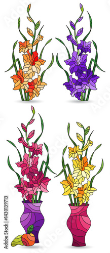 Set of illustrations in stained glass style with bouquets of gladioli flowers in vases and fruits, isolated on a white background
