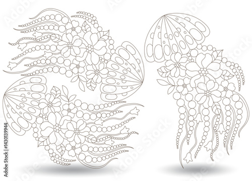 A set of contour illustrations in the style of a stained glass window with jellyfish, dark contours on a white background
