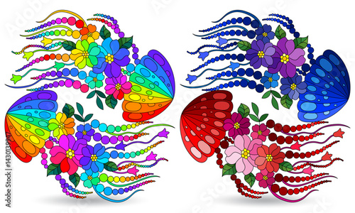 A set of stained glass illustrations with jellyfish, animals isolated on a white background