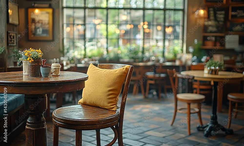 Cozy cafe interior featuring wooden furniture, vibrant plants, and warm lighting ambiance Cozy cafe interior featuring wooden furniture, vibrant plants, and warm lighting ambiance