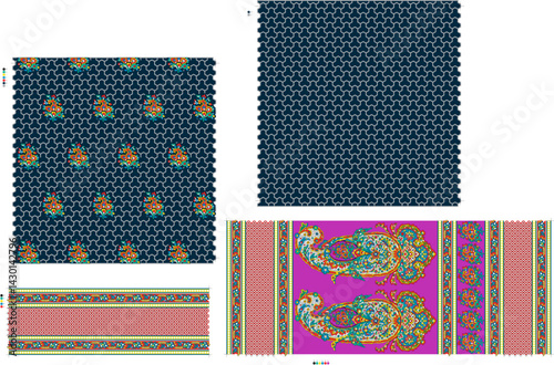 Handcrafted Saree Set Illustration Featuring Rich Border Work and Intricate Body Designs