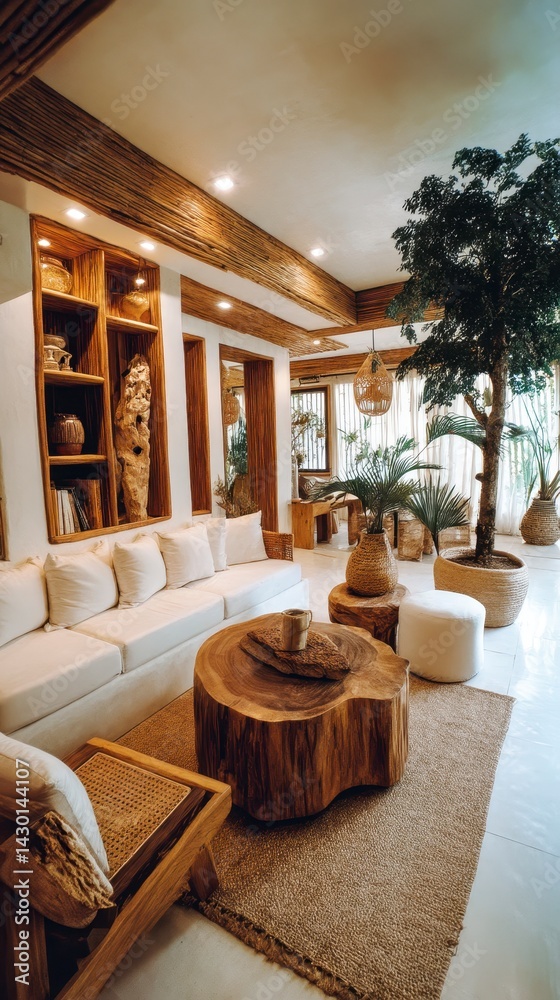 Fototapeta premium Cozy living room showcase interior design simple neutral color scheme. Modern comfy sofa with natural decorating items wooden furniture treepot. Bright apartment living room for easy