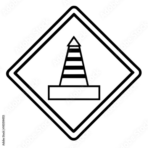 Construction warning sign illustration, outline style, monochrome color, vector graphic design, copy space