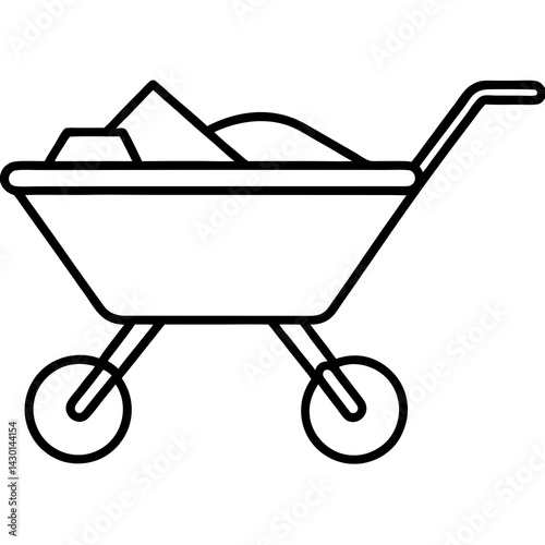 Wheelbarrow illustration, outline style, monochrome color, vector graphic design, copy space