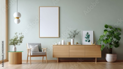 Minimalist Room Interior  A modern  minimalist interior features a neutral color palette with a light-wood cabinet and furniture  creating a warm and inviting atmosphere  suitable for home decor.