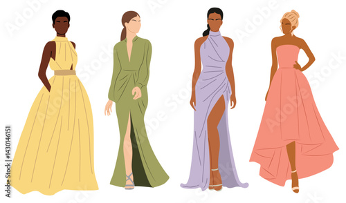Diverse Beautiful women in evening dress for event, cocktail or party. Set of gorgeous girls in luxury clothes. Realistic vector illustrations isolated on in transparent background.