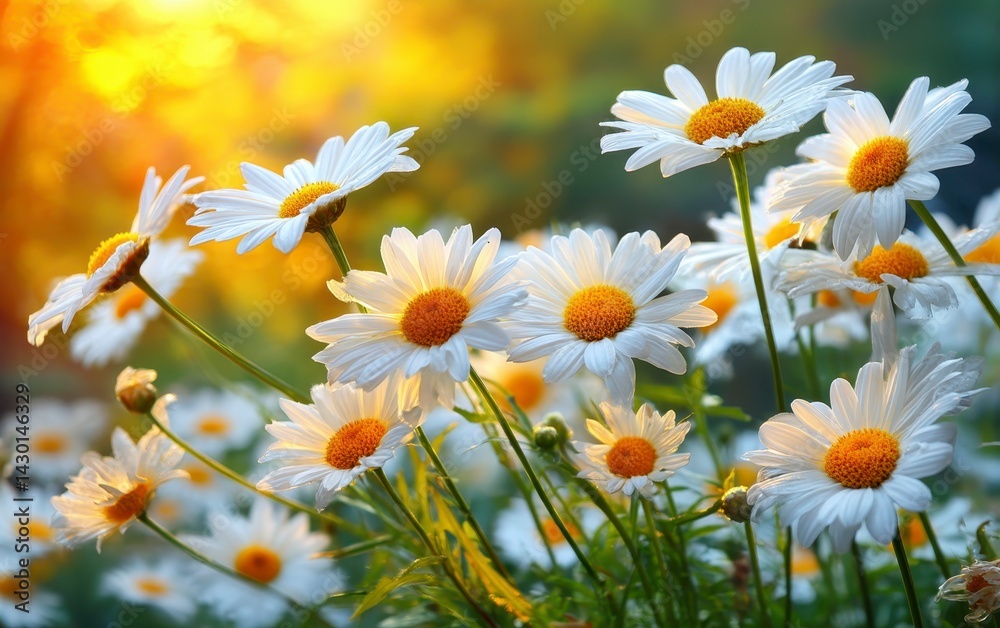 Fototapeta premium Golden hour sunset over blooming daisies in meadow. White daisy flowers with yellow centres. Warm sunshine light creates tranquil scenic countryside landscape. Nature wallpaper background.