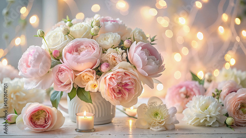 Flower arrangement with roses and candles on festive background