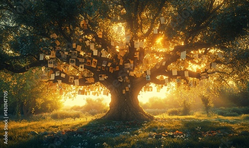 Magical wish tree adorned with dreams under the sun's luminous glow