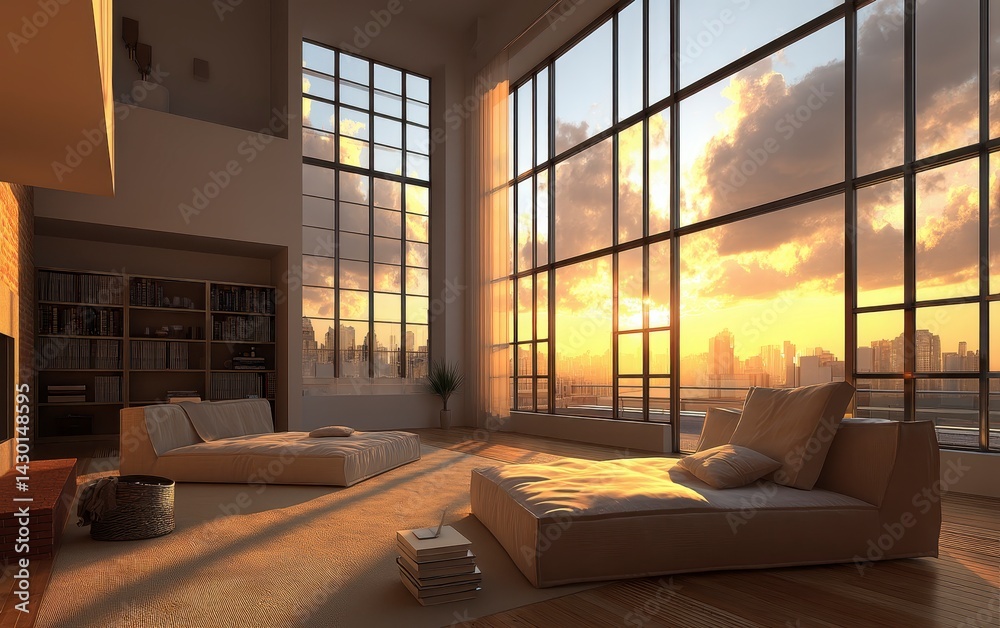 Fototapeta premium Minimalist interior with large windows showcasing vibrant sunset over city skyline. Modern home design urban living. City lights at sunset warm light. Tranquility relaxation comfort