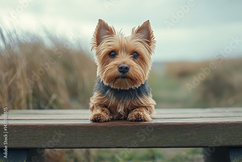 Small brown Yorkshire Terrier dog sitting on a wooden bench outside. Perfect for pet blogs, animal care, or heartwarming family content.