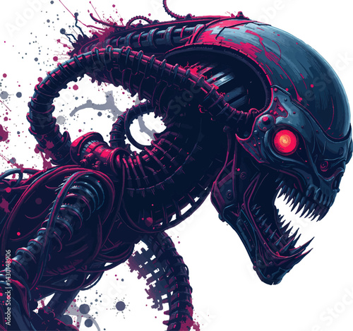 a black alien with red eyes and a black head, standing in front of a white background 