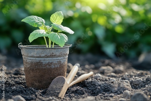 Young plant growing in a bucket beside a garden tool on fertile soil during daylight