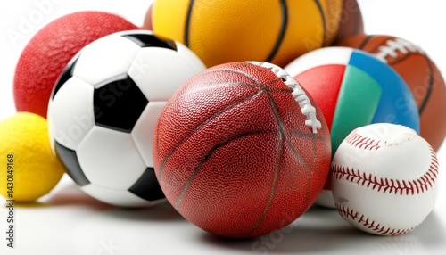 Multiple sports balls in different colors isolated on white background. Balls from various games like soccer football basketball baseball volleyball. Colorful sport sphere assortment