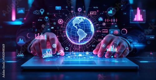 Hands on laptop with glowing global data analytics interface, futuristic creative style, dark background, concept of business intelligence. Ai generative