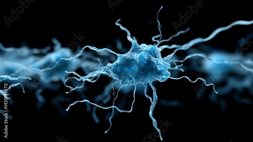 Macro view reveals a dynamic digital network where blue particles connect complex nodes, emphasizing the abstract beauty of neural connections amidst a dark backdrop