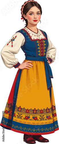 a woman wearing a yellow dress with blue and red trims and a red headband, standing in front of a white background