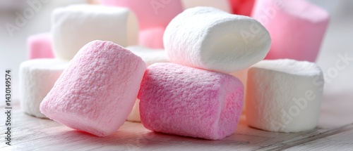 Pink white marshmallows scattered on light surface. Sweet treat for party holiday. Delicious candy fluffy texture. Marshmallows for baking desert snacks. Confectionery background.