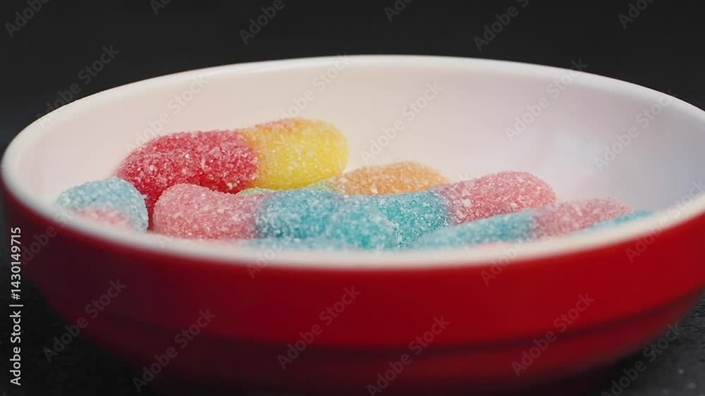Colorful gummy candies arranged in a red bowl on a dark surface