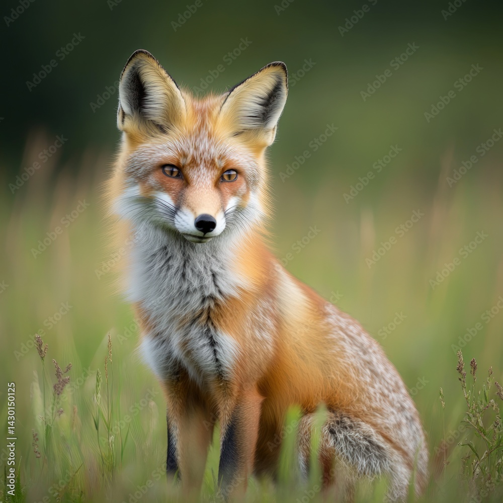 Red fox in a grassy field. A captivating image of a red fox, alert and centered, seated amidst tall grass Red fox in a grassy field. A captivating image of a red fox, alert and centered, seated amidst tall grass
