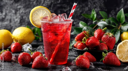 Refreshing summer strawberry lemonade in plastic cup. Lemon drink with ice lemon and straw. Fruit beverage to go. Refreshing cocktail for hot weather. Quench thirst with chilled homemade