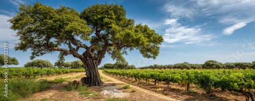 Vineyard landscape with a large tree. Rows of grapevines stretch into the distance under blue sky. Summer vacation in Alentejo Portugal. Wine production grape harvest. Idyllic viticulture