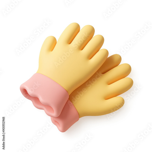 Pair of rubber gloves in children’s cartoon 3D style with yellow body and pink cuffs placed on a soft focus background with elevated lighting and playful feel