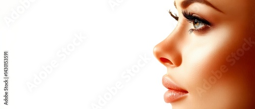 Young woman displays healthy skin. Side profile view smooth complexion natural beauty. Studio portrait highlights rhinoplasty procedure. Cosmetics applied subtly. Clean clear facial