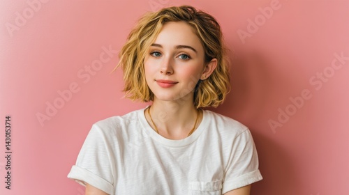 Young woman with bob haircut isolated pink background. in simple white t shirt smiles. Minimalist portrait studio shot with copy space. Blonde hair trendy look beauty fashion stylish.