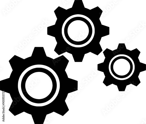 Three black gear icons illustrating machine technology and engineering concepts
