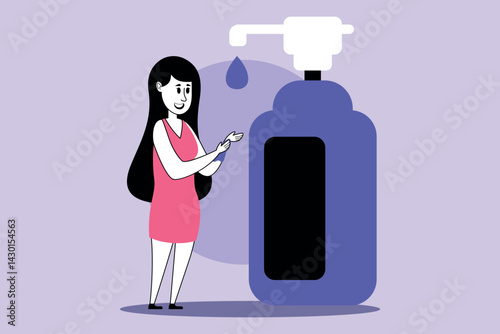 Woman in dress applying lotion from large bottle. Girl standing gracefully, enjoying beauty routine